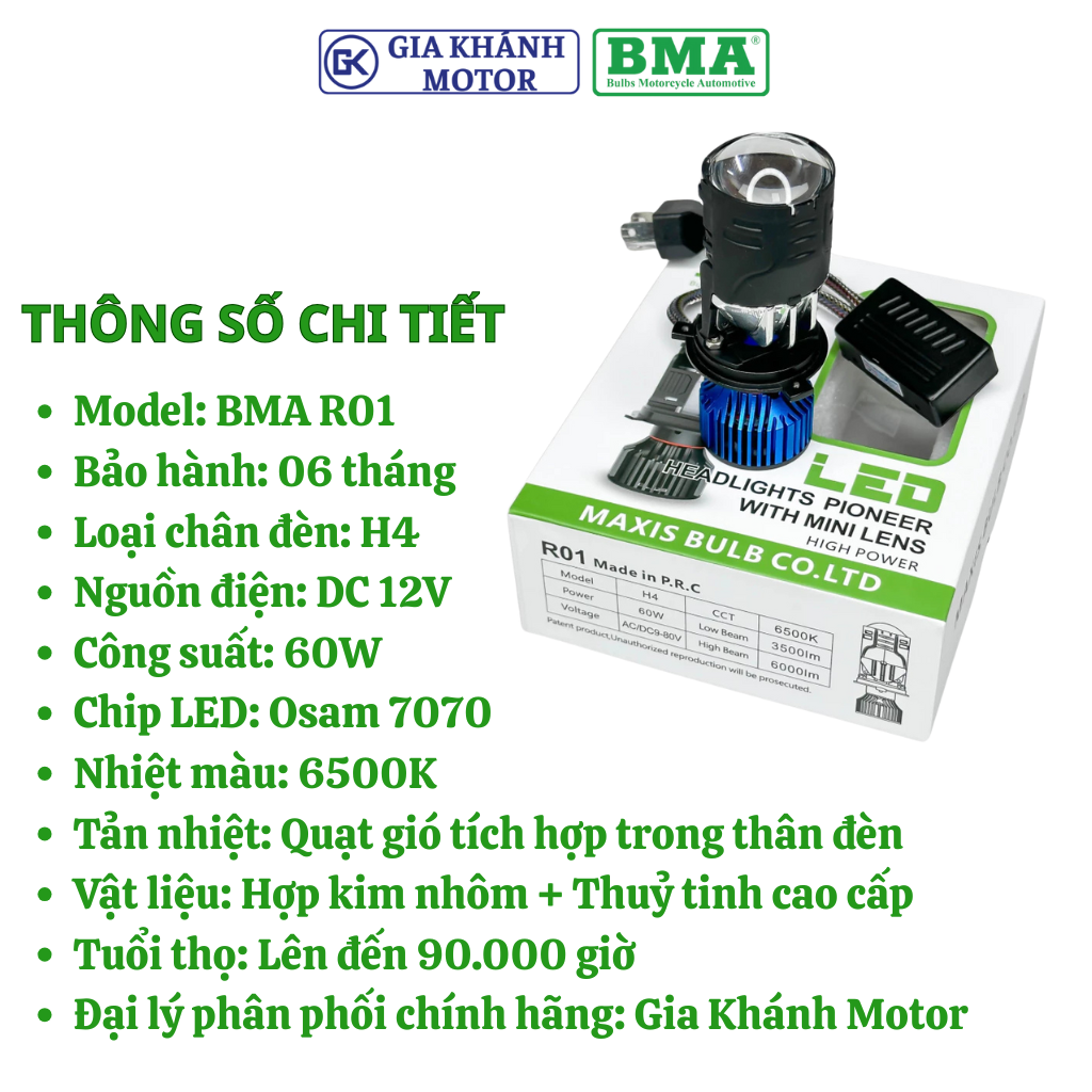 Đèn Pha LED Bi Cầu Mini BMA R01 60W Chân H4 Lắp Ô Tô Xe Máy - Ảnh 3