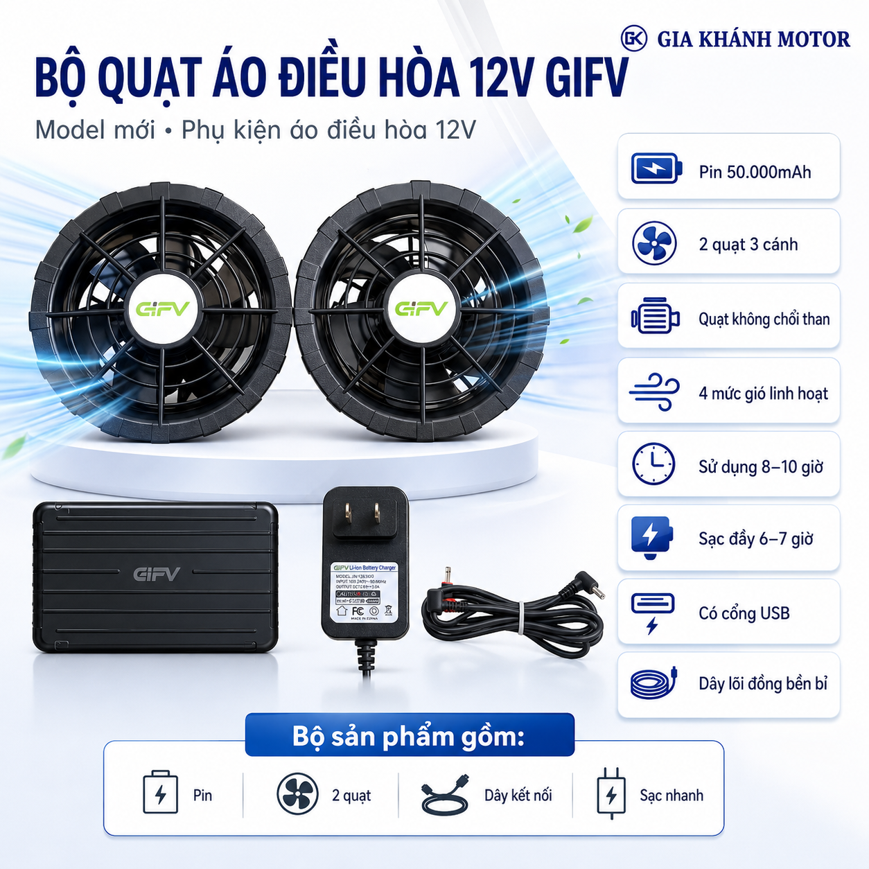 Bộ pin quạt áo điều hòa GIFV 12V – 20.000 mAh