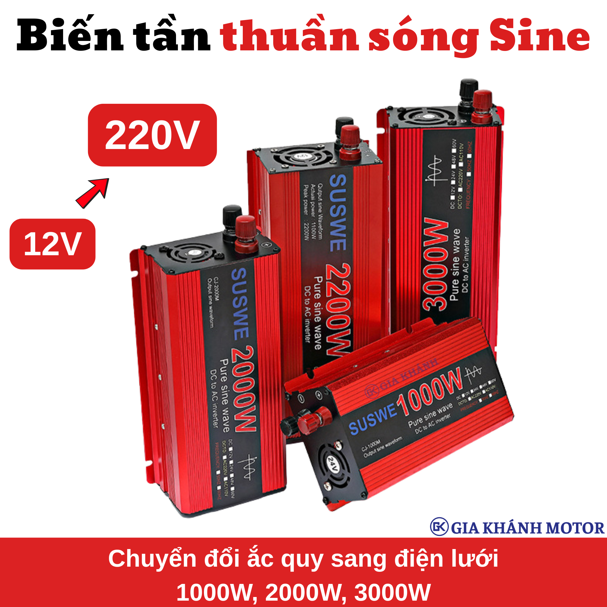 Bộ Kích Điện Sóng Sin Chuẩn DC 12V → AC 220V SUSWE (1000W / 2000W / 3000W)